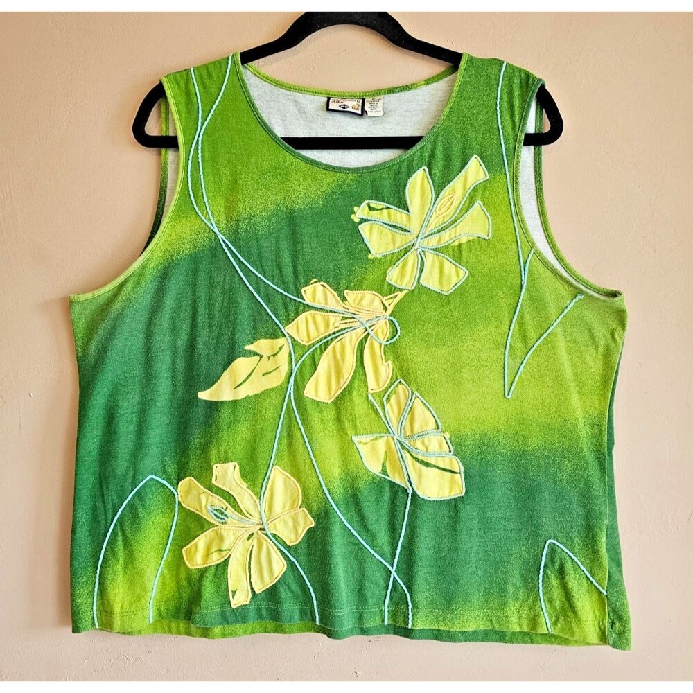 Caribbean Joe Womens Green Blue yellow embroidered Sleeveless Tank Top XL